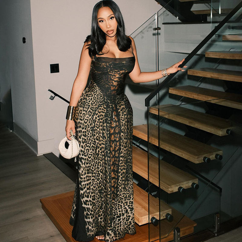 Slim Fit Leopard Print Spaghetti Strap Dress