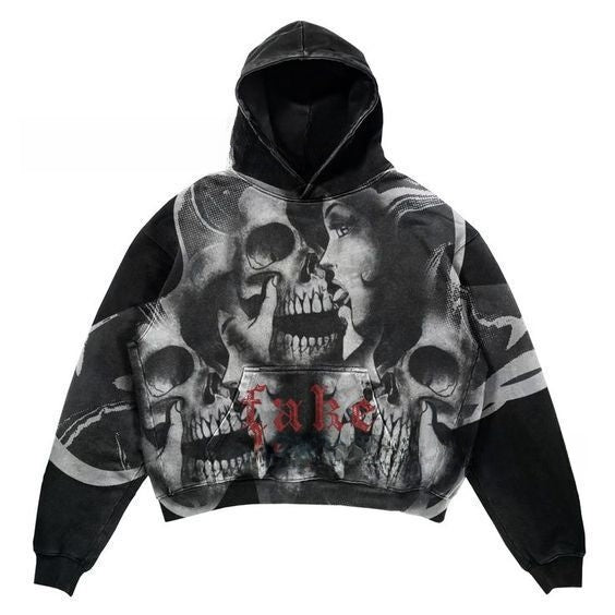 Skull Print Hooded Sweatshirt